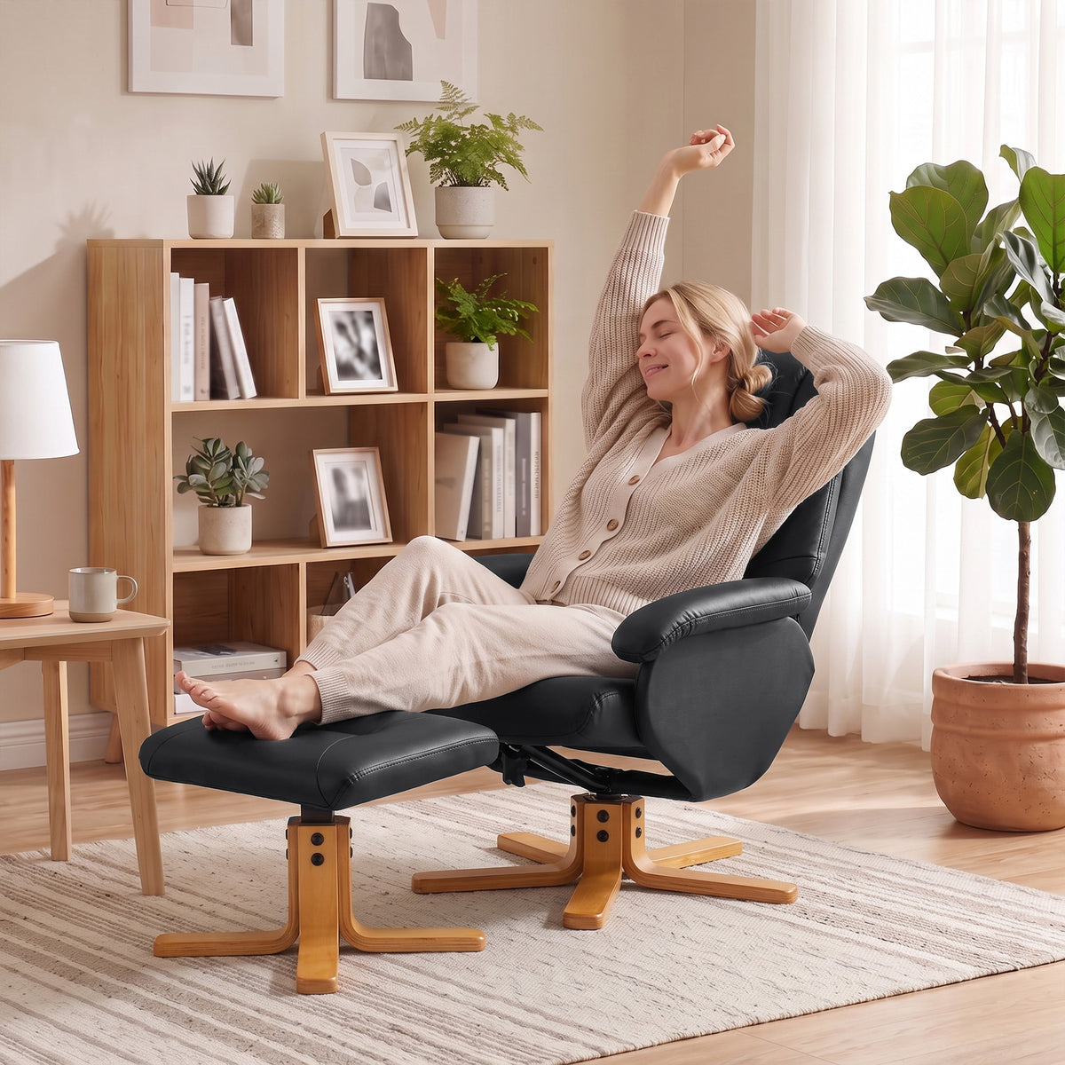 Fauteuil Relax avec Repose-Pied, Fauteuil de Relaxation Inclinable en PU, Pivotant 360°, Fonction Bascule, Noir-7