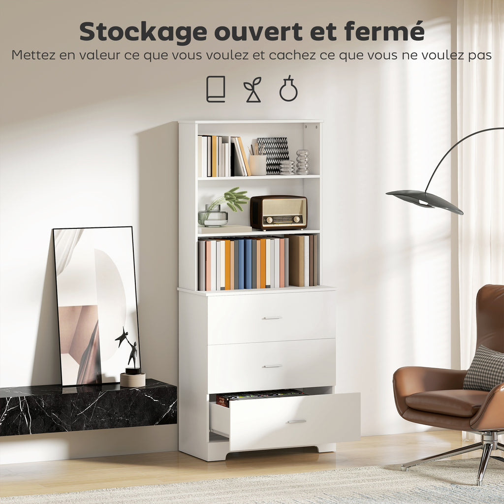 Bibliothèque à 6 niveaux, meuble de rangement avec 3 tiroirs et 3 étagères ouvertes, 79 x 39,5 x 182,2 cm, blanc-3
