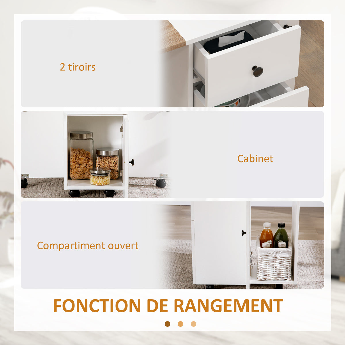 Table de cuisine pliable table à manger pliante 2 plateaux rabattables avec 2 tiroirs 1 placard blanc et chêne-5