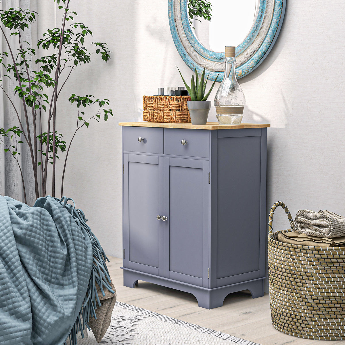Meuble de rangement buffet salon avec placards, 2 tiroirs et étagères réglables, 68x40,3x85cm, gris et bois naturel-8