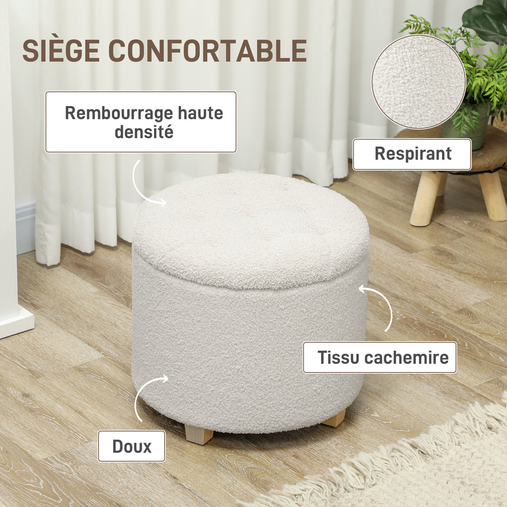 Pouf coffre rangement, tabouret rond, pouf repose-pieds en tissu bouclette, charge 120 Kg, Ø 45 x 41 cm, blanc-4