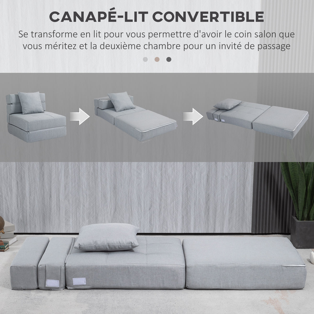 Chauffeuse canapé-lit convertible fauteuil 1 place avec 1 coussin déhoussable, tissu gris clair-3
