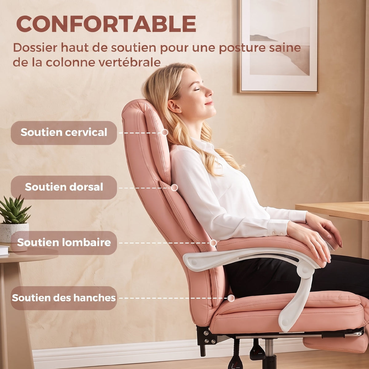 Chaise Bureau Ergonomique, Fauteuil de Bureau Inclinable en Cuir Synthétique Adapté aux Animaux, Hauteur Réglable, Rose-3