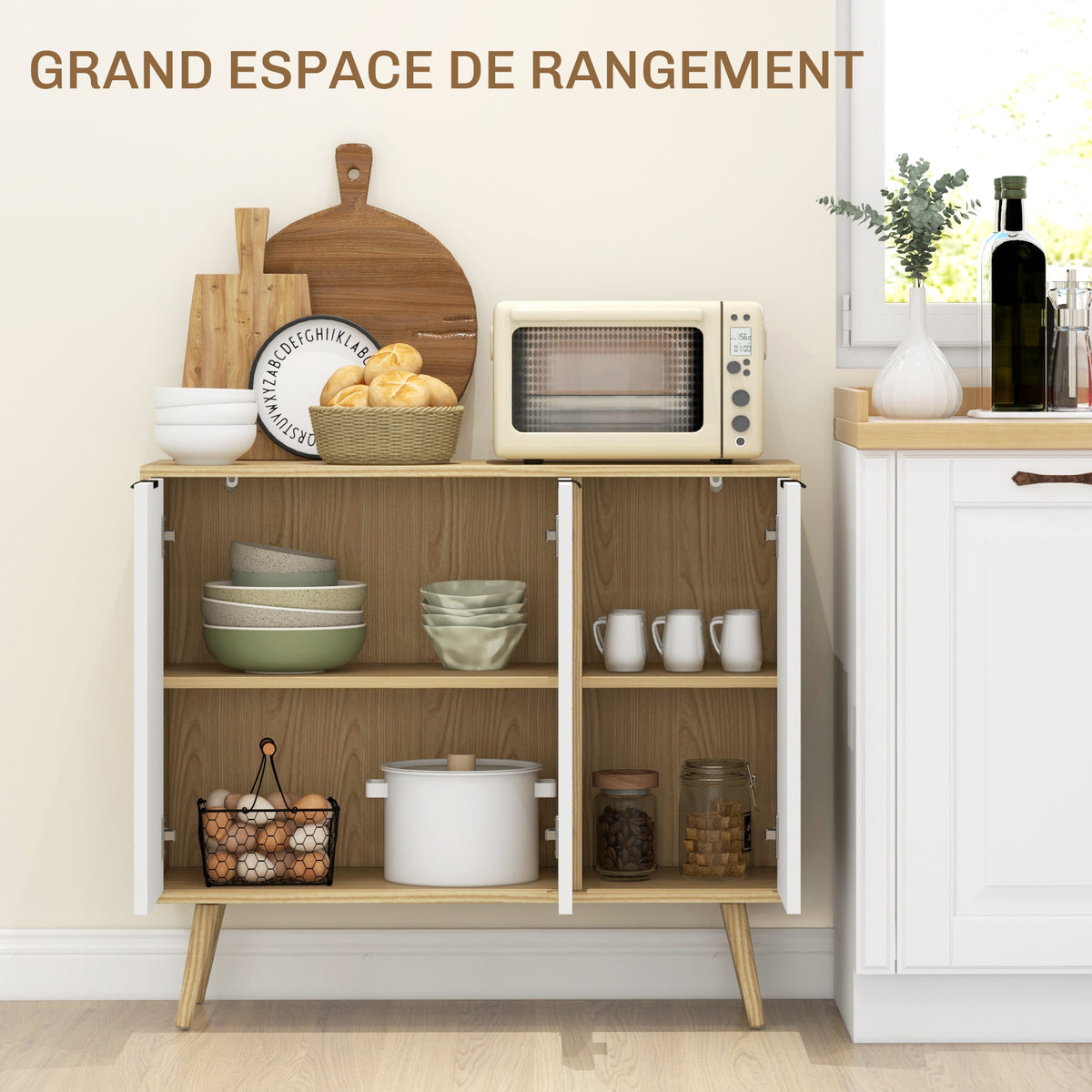 Buffet bas meuble de rangement 2 placards 3 portes motif chevrons étagères réglables 91,5 x 35 x 77,4 cm bois naturel-3