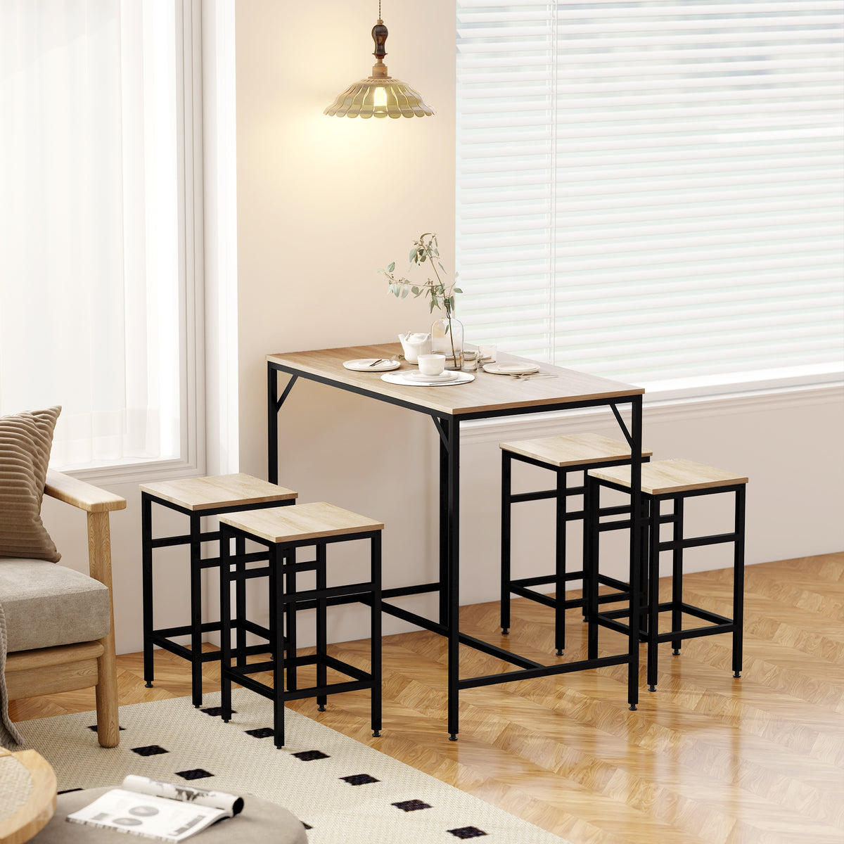 Ensemble Table de Bar Industriel + 4 tabourets Repose-Pieds en Bois couleur Chêne Clair Cadre en métal Noir-8