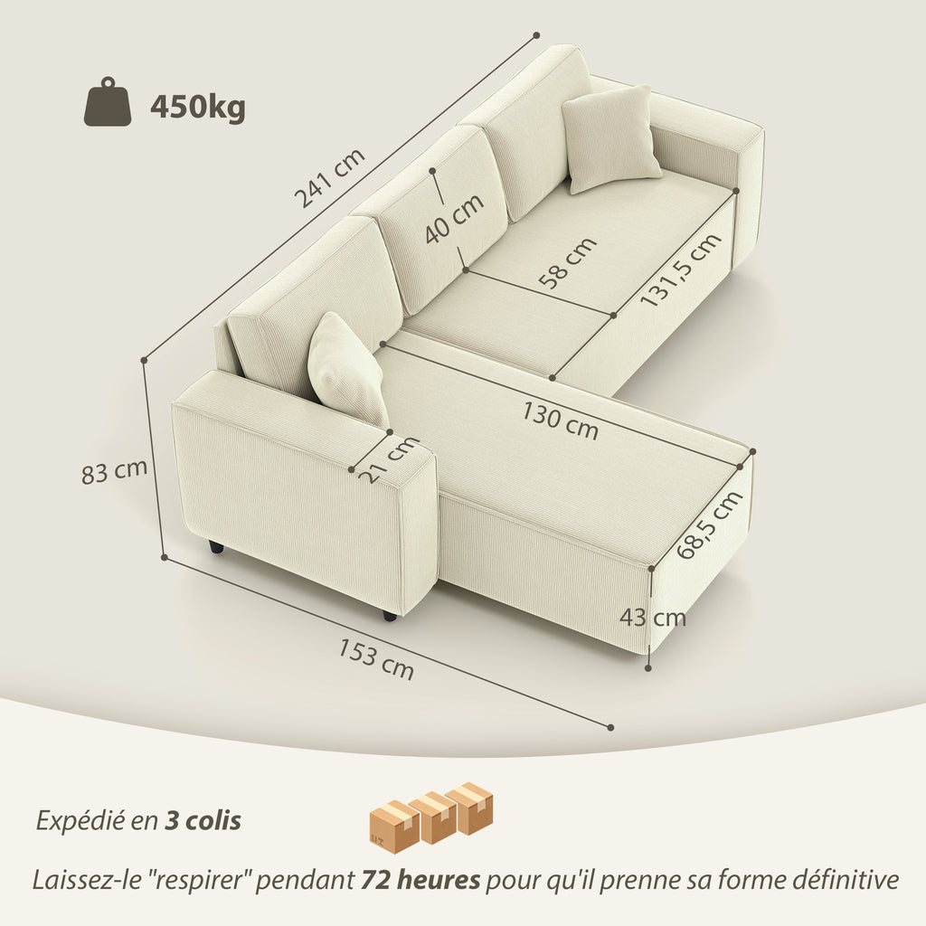 Canapé d'angle réversible 3 places moderne avec coussins inclus, tissu velours côtelé, crème-2