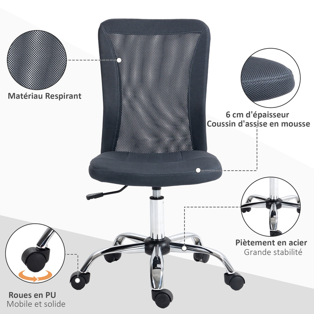 Chaise de bureau ergonomique hauteur réglable piètement chromé pivotant 360° revêtement maille gris foncé-3