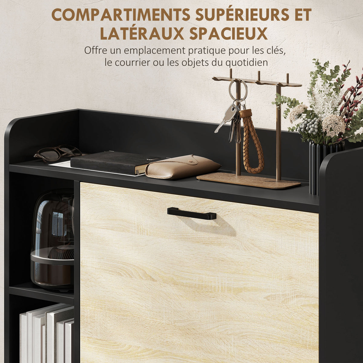 Meuble à chaussures 15 paires, armoire à chaussures moderne avec 2 tiroirs rabattables, 83x24x90,5cm, noir-5