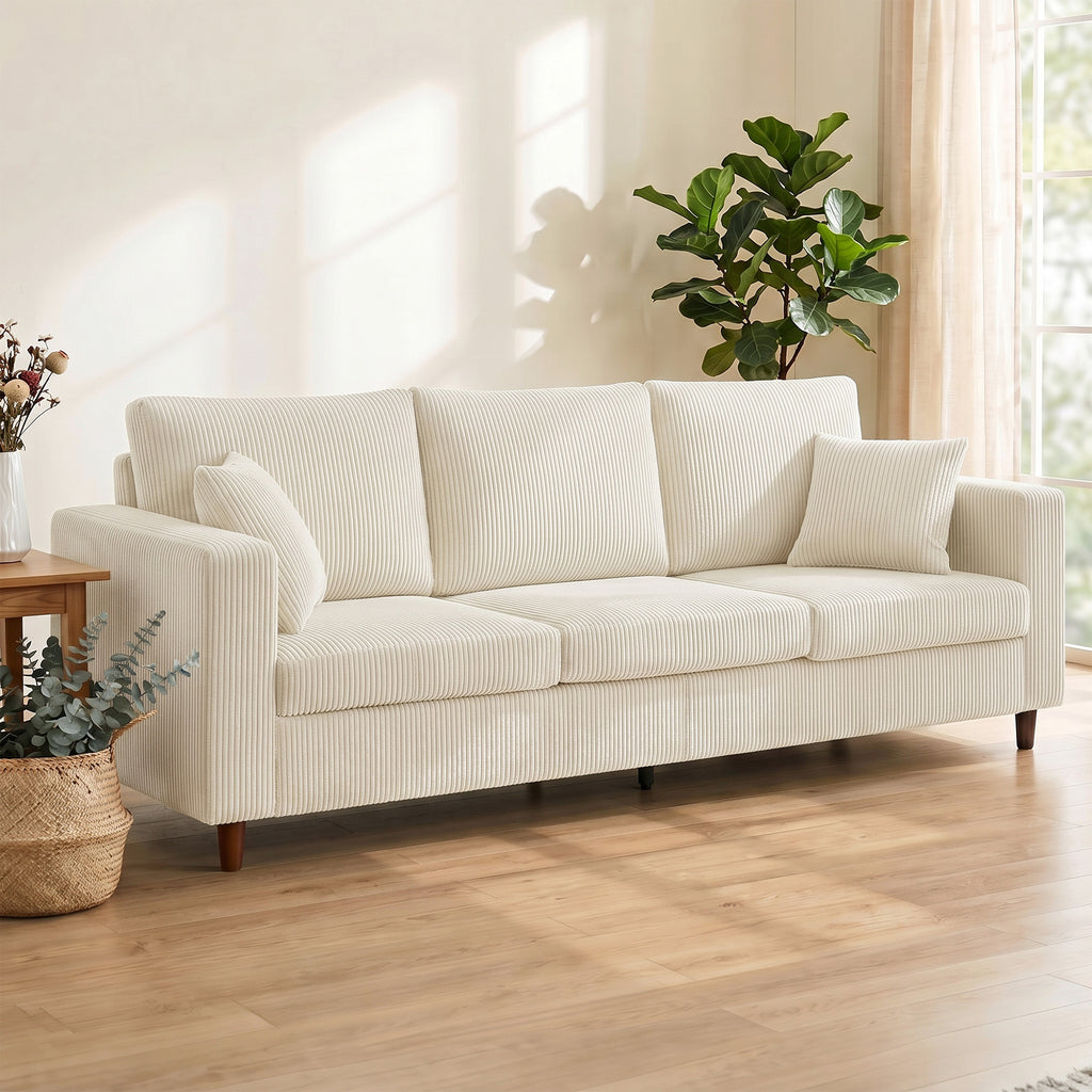 Canapé 3 Places en Velours Côtelé, Canapé de Salon Moderne 225 cm, Assise Large, Coussin à Ressorts, Crème-1
