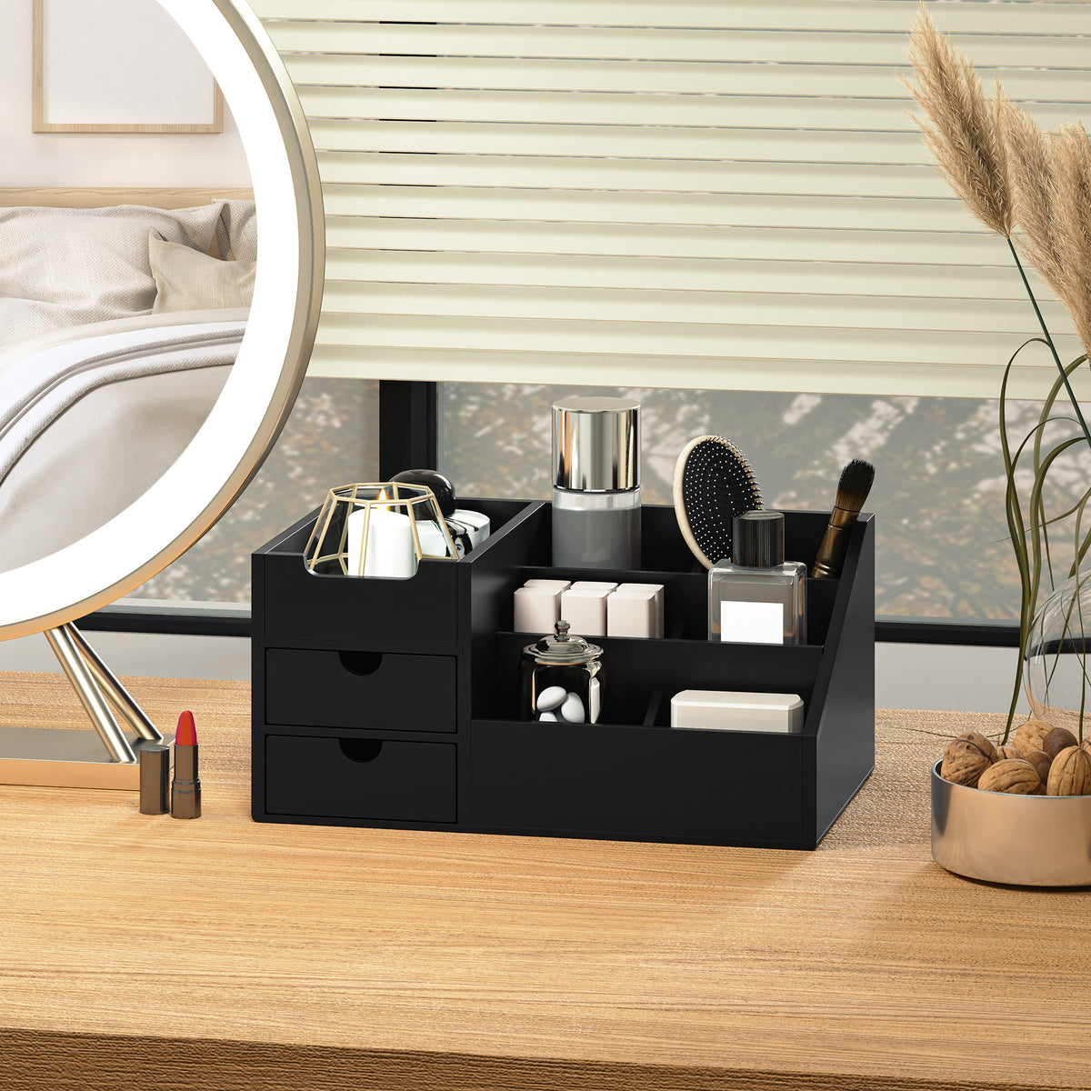 Boite de Rangement de Bureau - Organiseur de Bureau - 7 Compartiments, 2 tiroirs - Bambou Verni Noir-9