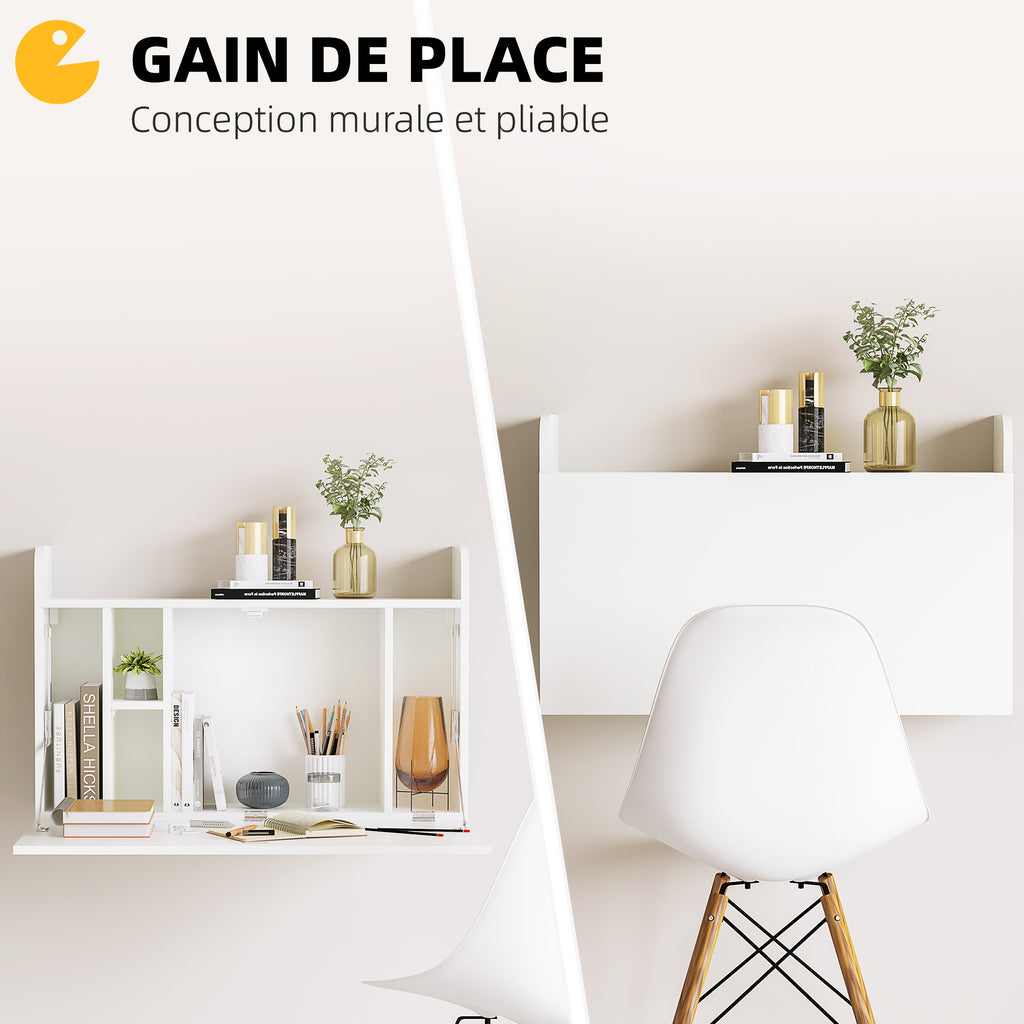 Bureau suspendu table murale table d'ordinateur murale et tablette rabattable avec rangements - 77 x 20 x 51 cm-3