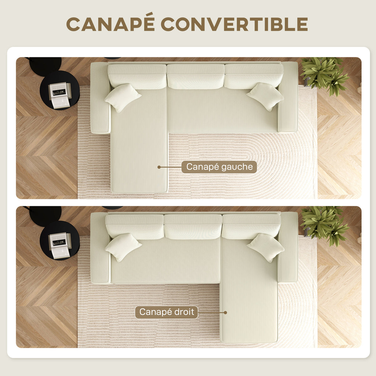 Canapé d'angle réversible 3 places moderne avec coussins inclus, tissu velours côtelé, crème-3