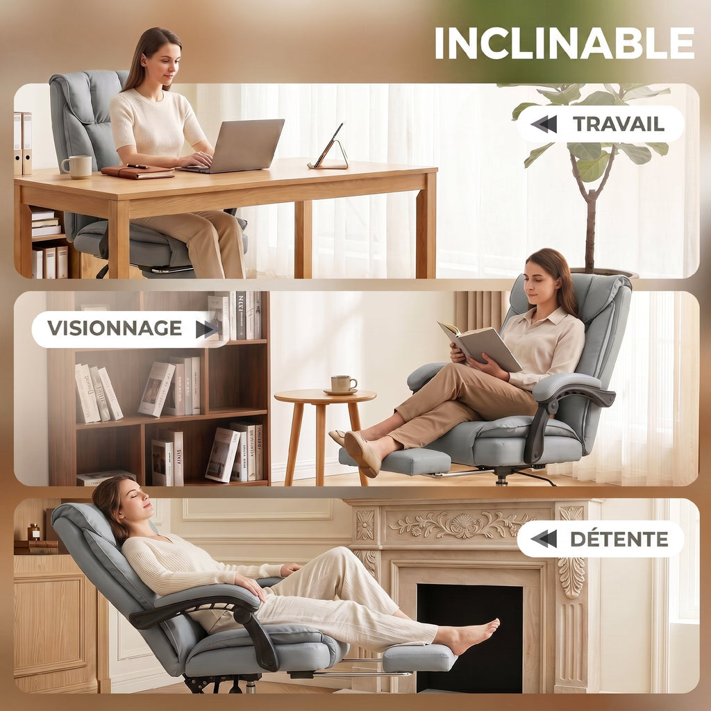 Chaise de bureau ergonomique, fauteuil de bureau inclinable avec repose-pieds, hauteur réglable, pivotante 360°, gris-3