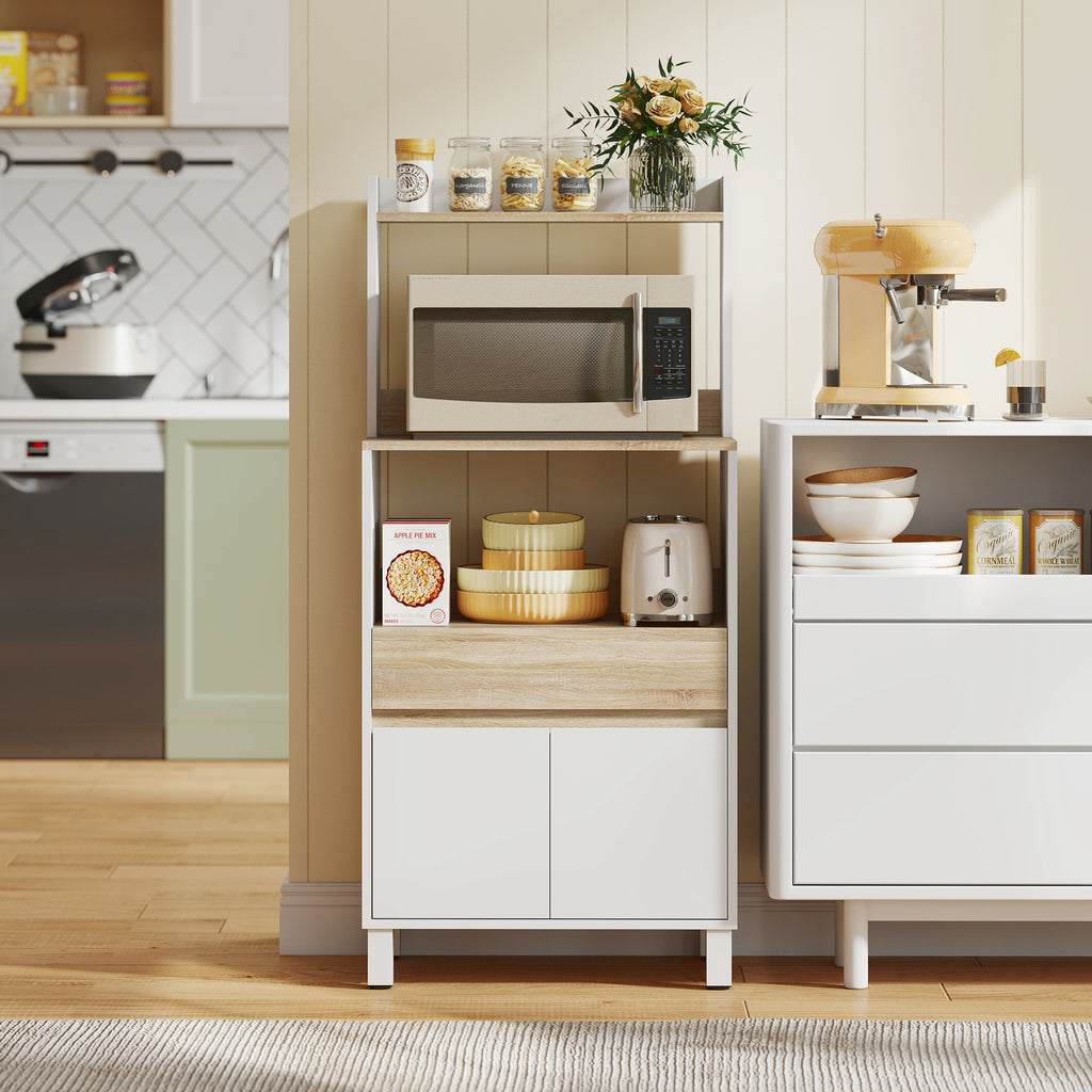 Meuble micro onde, buffet cuisine avec placard tiroir étagère supérieur, 60 x 40 x 131 cm chêne et blanc-9