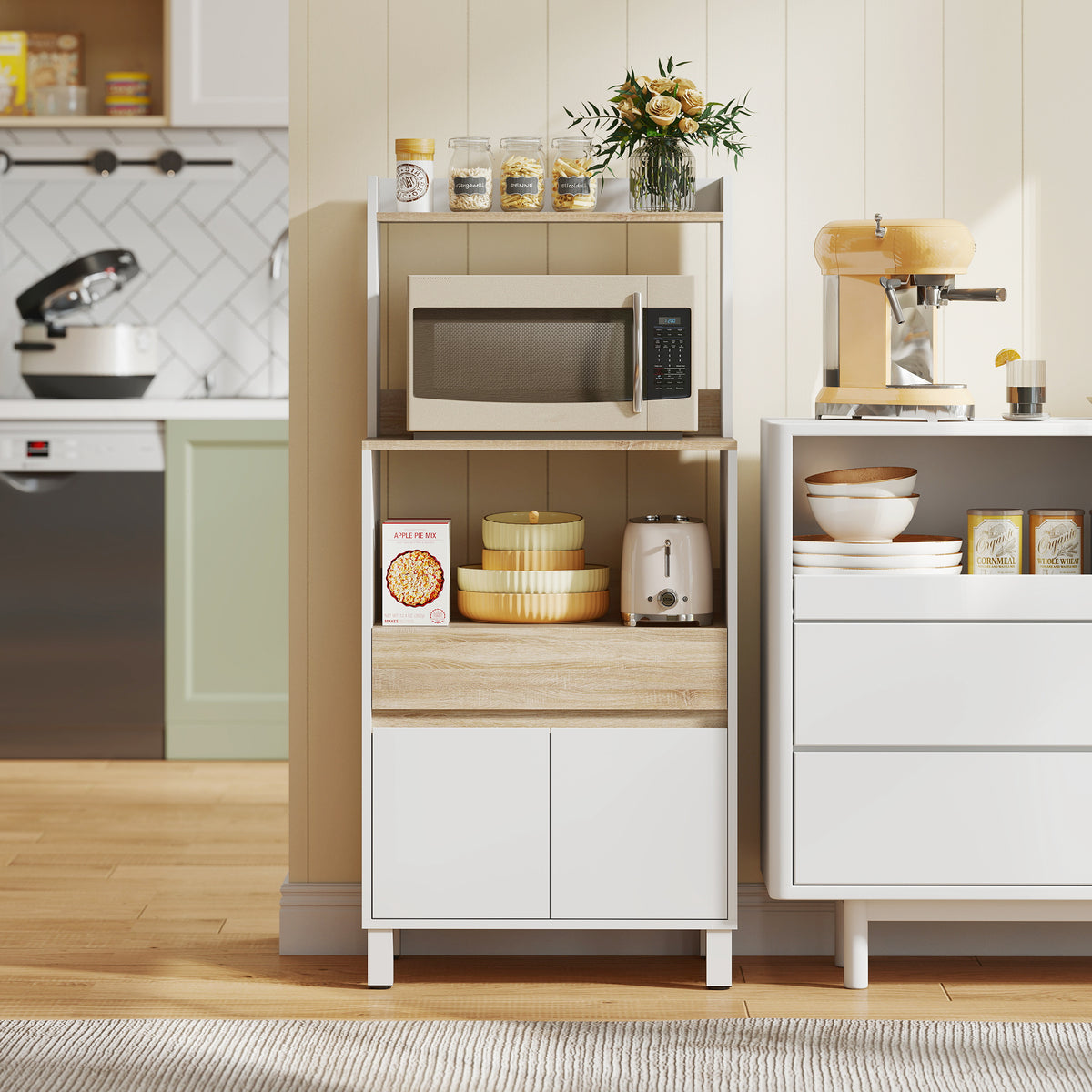 Meuble micro onde, buffet cuisine avec placard tiroir étagère supérieur, 60 x 40 x 131 cm chêne et blanc-9