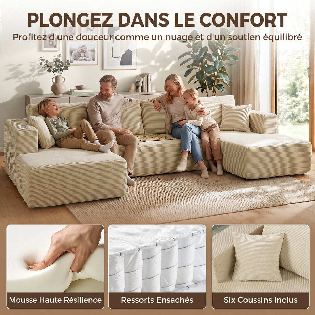 Canapé Modulaire en U Compressé 337 cm, Canapé Convertible 4 places en Velours Côtelé, Assise Large, Crème-3