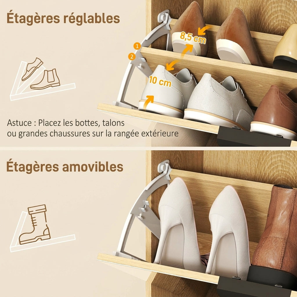 Meuble à Chaussures 10 Paires, Armoire à Chaussures, Portes en Miroir, 2 Tiroirs et Compartiments Ouverts, Chêne-6