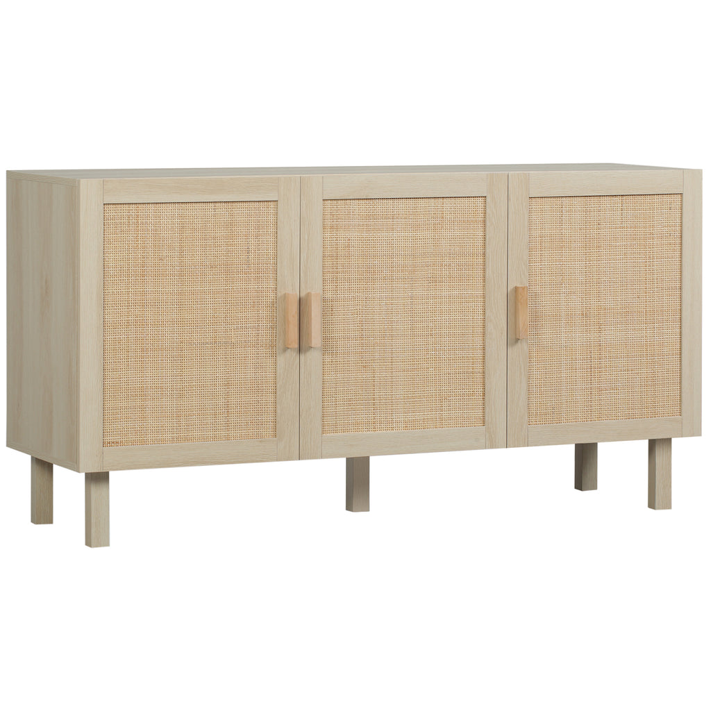 Buffet Meuble de Rangement Placard 3 Portes avec étagère réglable Effet cannage Style bohème - 136 x 41 x 70 cm-0
