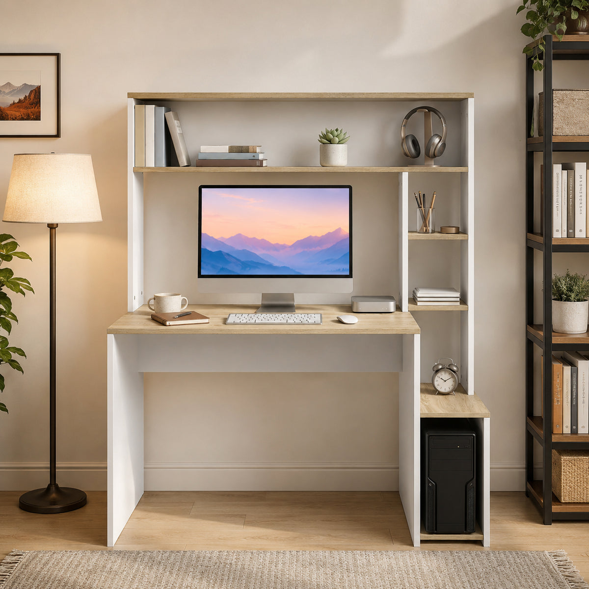 Bureau Informatique, 114 x 45 x 138 cm, Bureau avec Rangement, Étagères Ouvertes et Support UC, Blanc et Bois Naturel-7