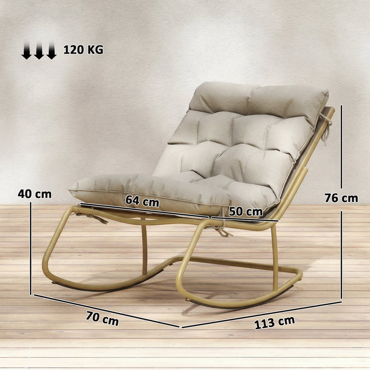 Fauteuil à Bascule Extérieur Coussin Moelleux 125cm Large 64cm en Acier et Textilène Beige et Doré-2