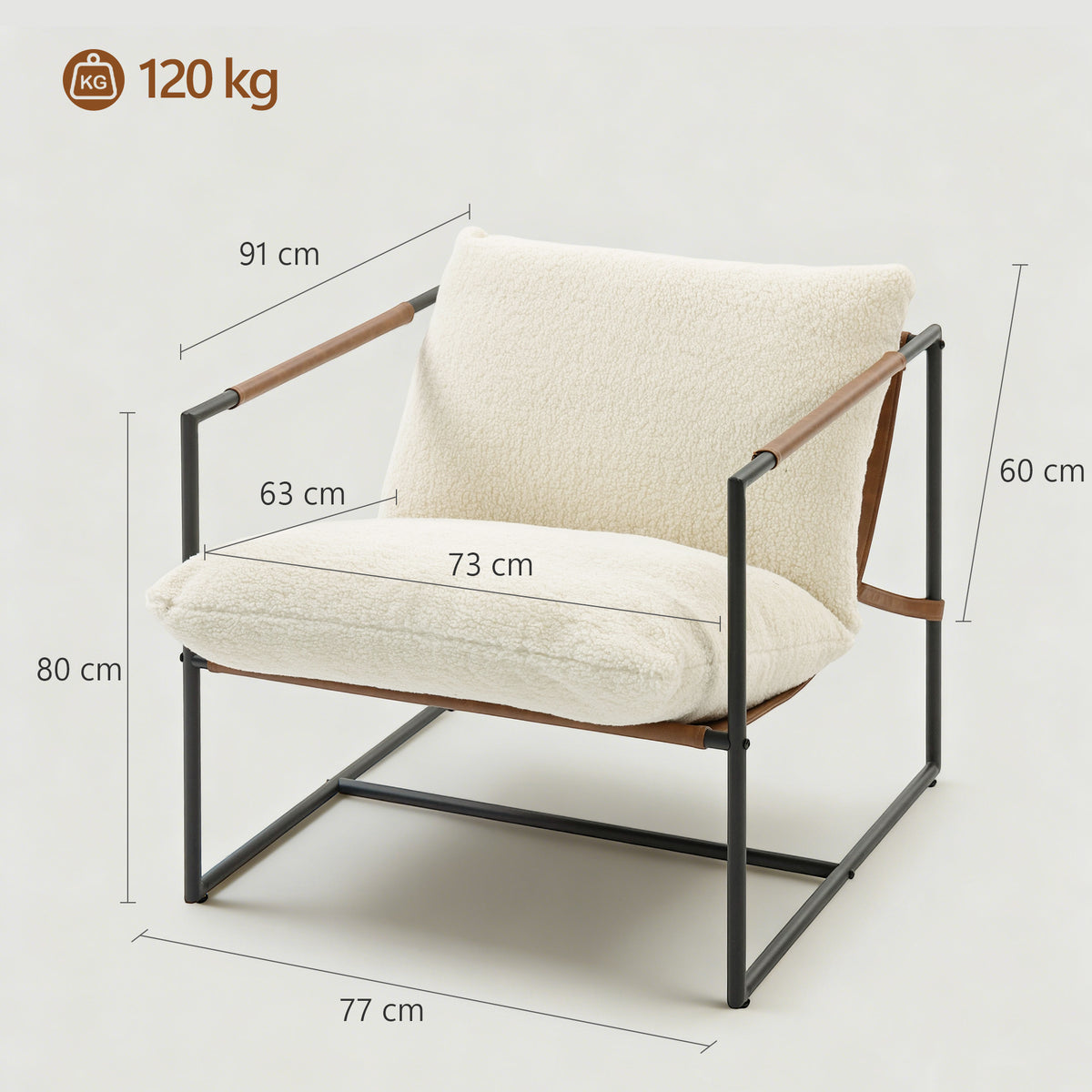 Fauteuil salon, fauteuil d'appoint rembourré en tissu bouclette, large assise et structure en acier, 77x91x80cm, crème-2