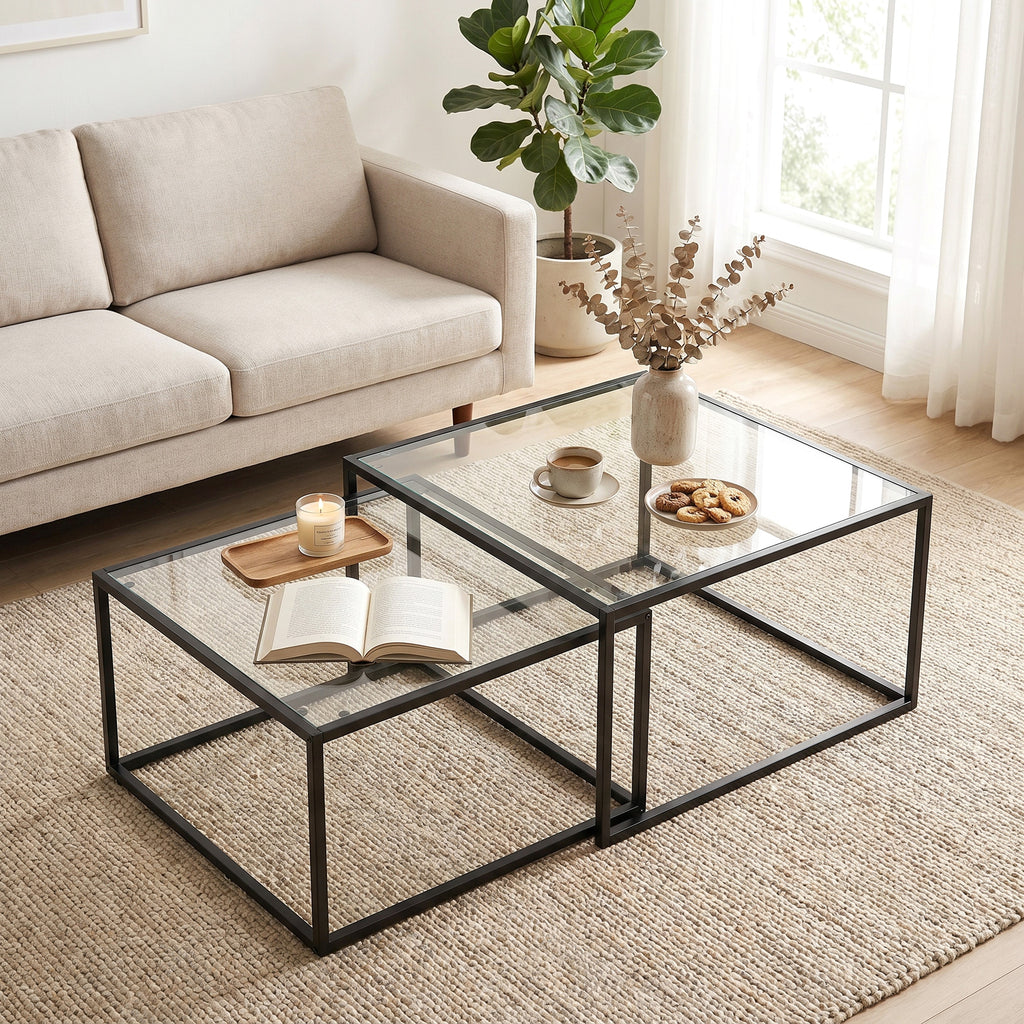 Lot de 2 tables basses gigognes, table de salon avec plateau en verre trempé et structure en métal, noir-9