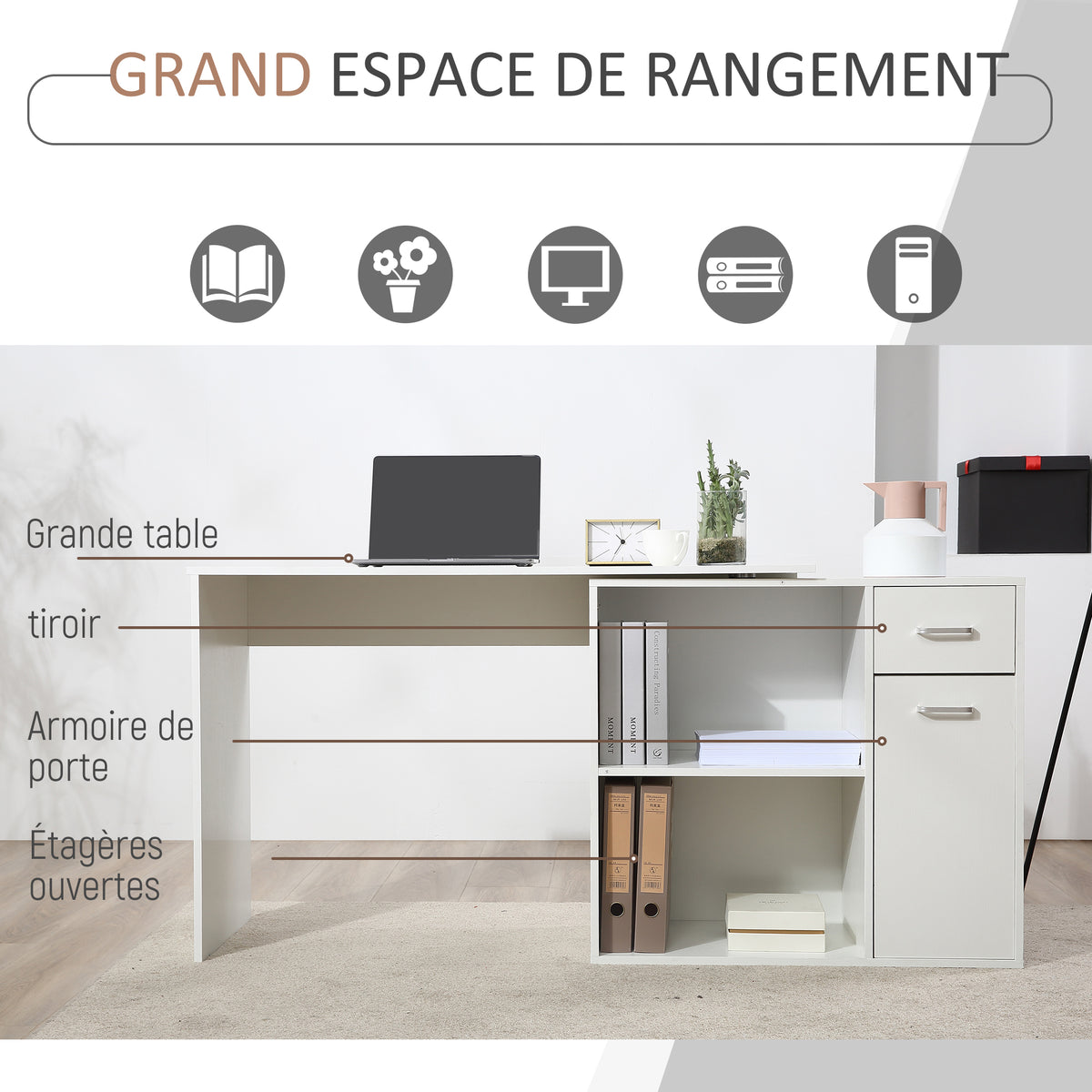 Bureau d'angle rotatif à 180°, bureau d'ordinateur, bibliothèque, tiroir, placard, poste de travail, 117x82x74cm, blanc-5