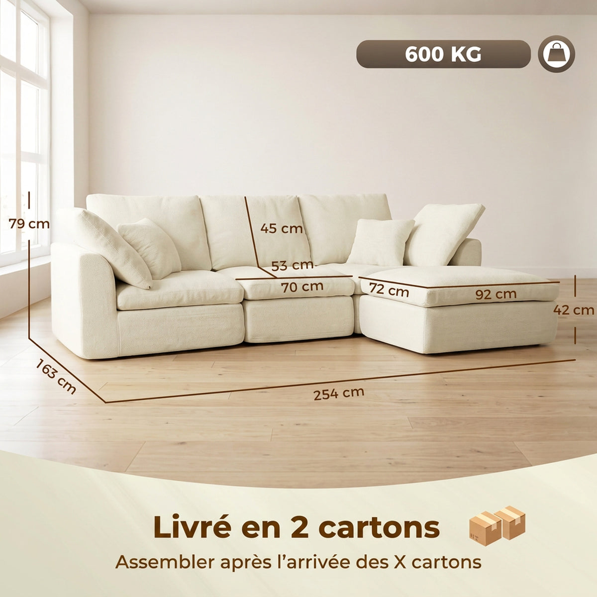 Canapé 3 Places avec Pouf Réversible, Canapé d'Angle Modulable en Chenille 254 cm Moderne, Assise Large, Crème-2