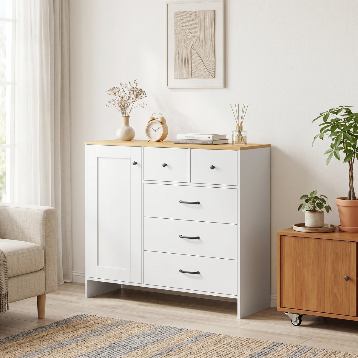 Buffet Cuisine, Meuble de Rangement avec 5 Tiroirs et Porte, Style Rustique, 100 x 40 x 94 cm, Blanc-7
