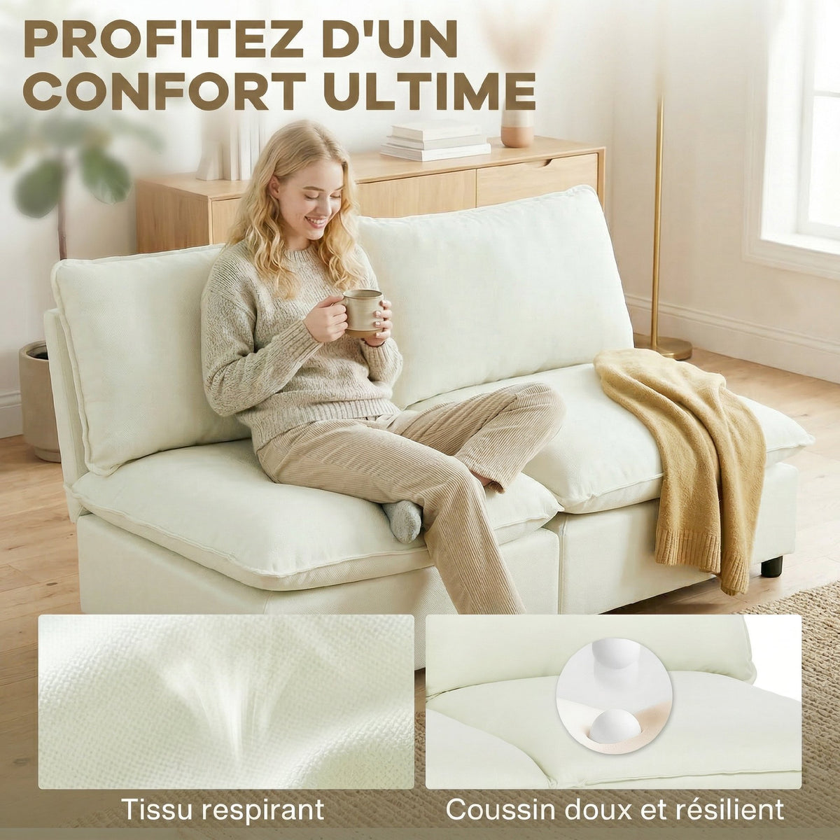 Canapé 2 places modulable, canapé de salon moderne 146 cm sans accoudoirs avec assise large, coussins épais, crème-5