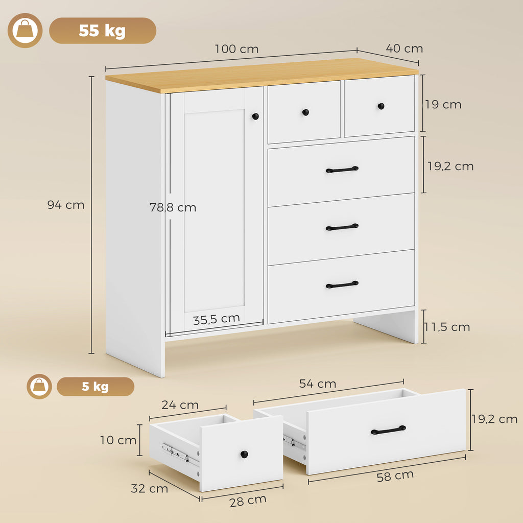 Buffet Cuisine, Meuble de Rangement avec 5 Tiroirs et Porte, Style Rustique, 100 x 40 x 94 cm, Blanc-2