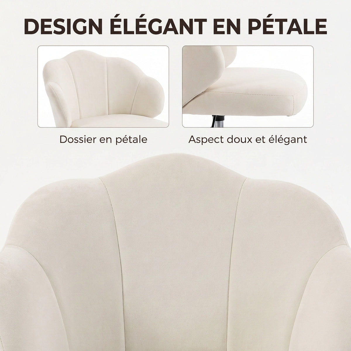 Chaise Bureau en Velours, Chaise Coiffeuse avec Dossier en Pétale, Hauteur Réglable, Fonction Bascule, Crème-4
