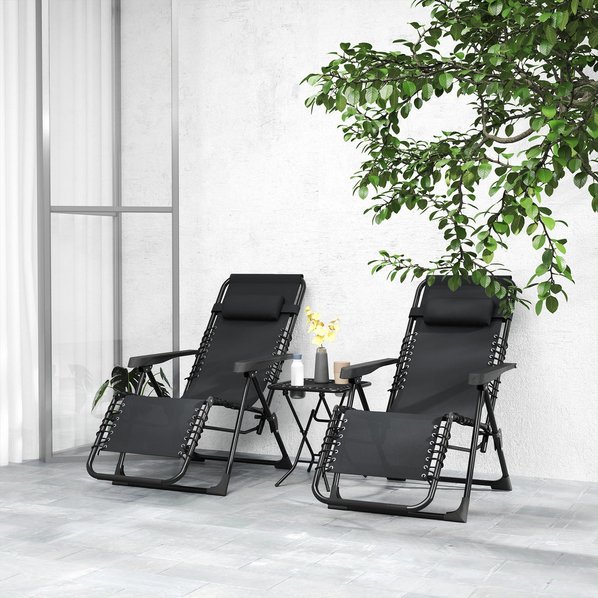 Lot de 2 chaise longue pliable et inclinable avec table d'appoint, porte-gobelets et appuie-têtes, charge 120 kg, noir-8