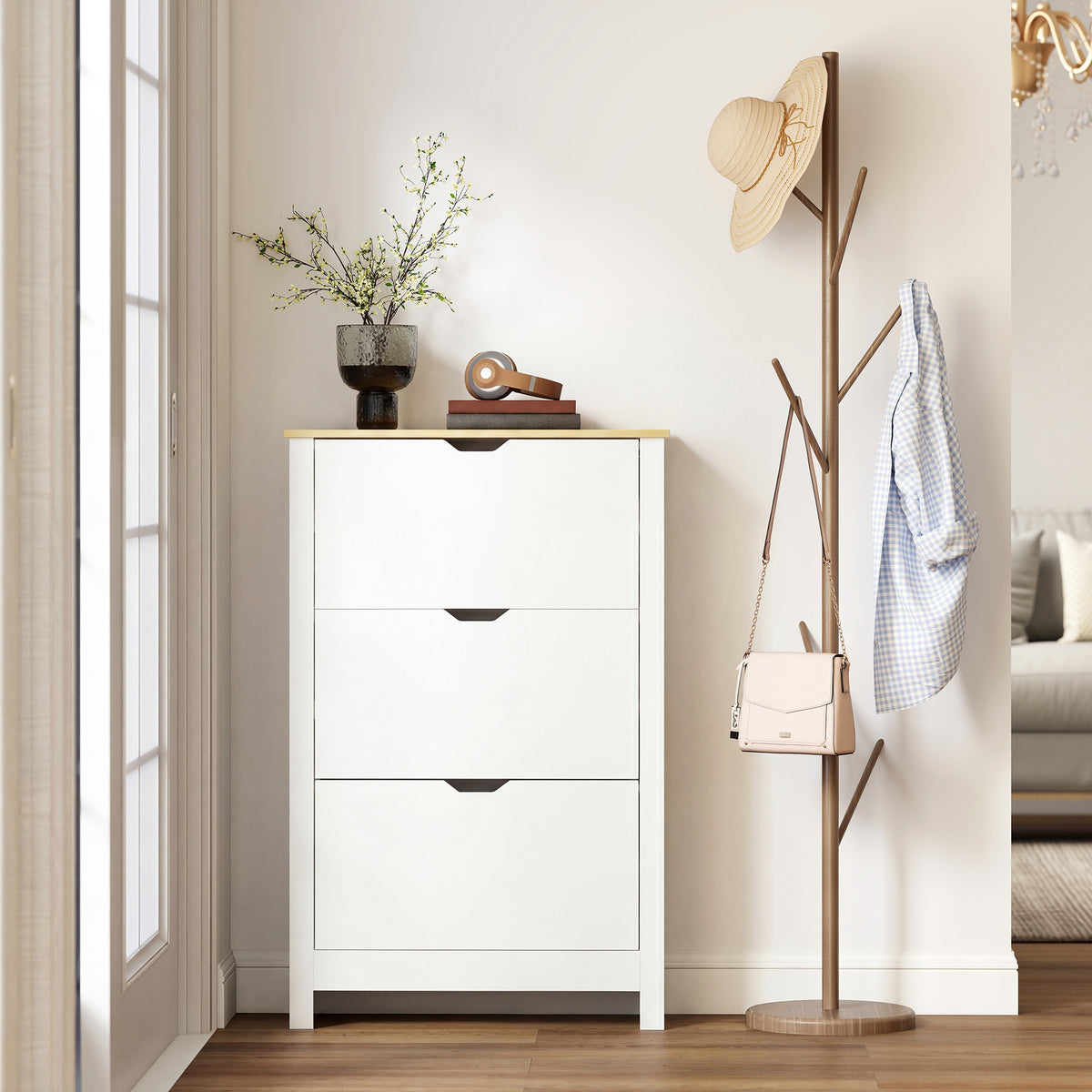 Armoire à Chaussures 3 Portes abattantes 2 Compartiments Panneaux Particules Blanc chêne-7