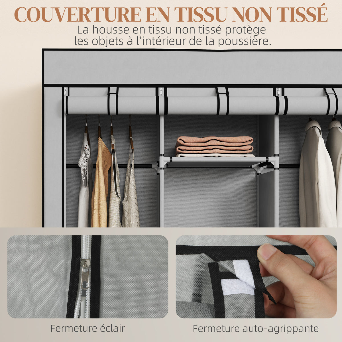 Armoire penderie multi-rangement - 8 étagères, 2 barres - non tissé gris-4