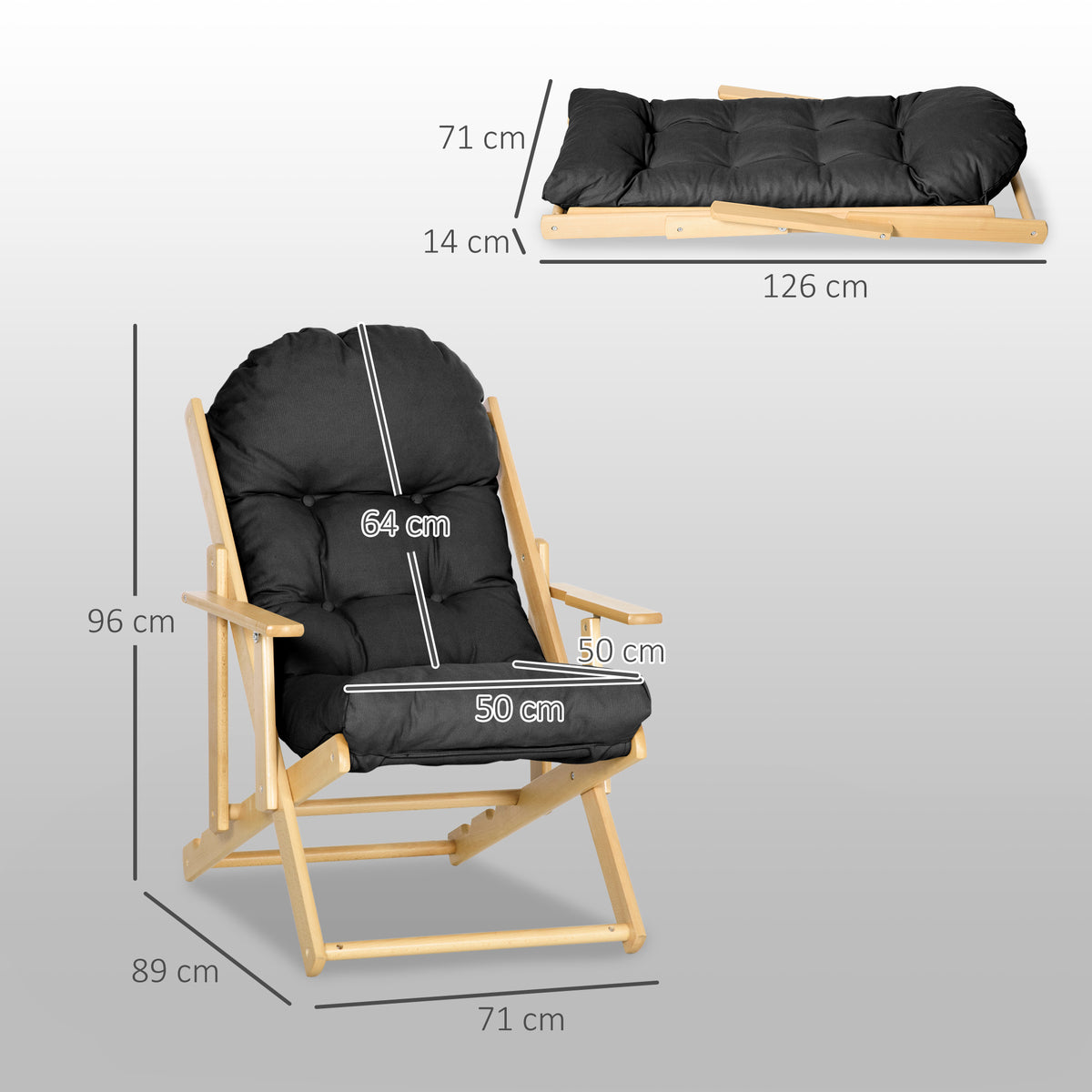 Fauteuil Chaise de Salon Pliable et inclinable en Bois Fauteuil Relax Confortable avec Coussin capitonné épais-2