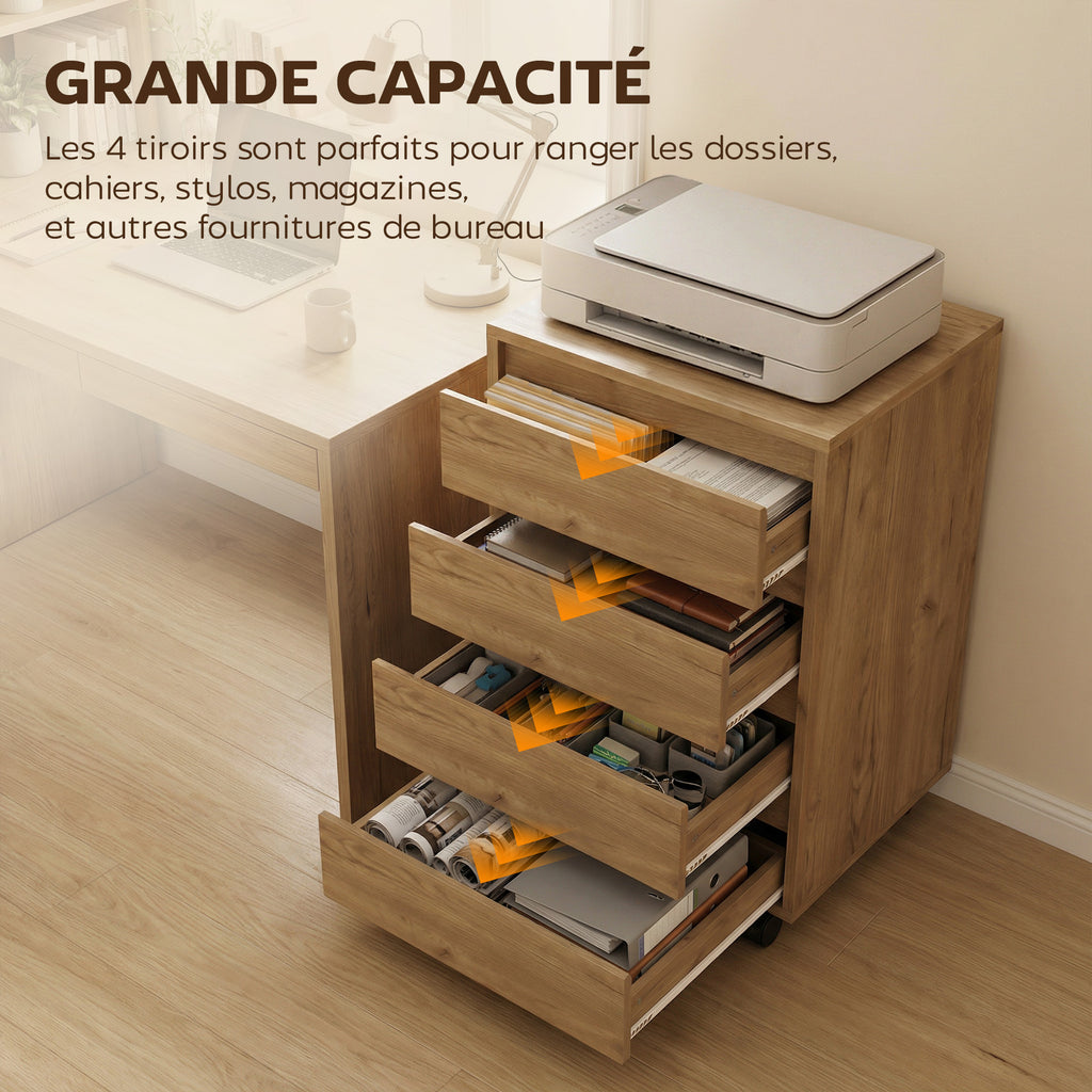 Caisson de bureau rangement bureau sur roulettes 4 tiroirs coulissants en bois aspect bois marron-4