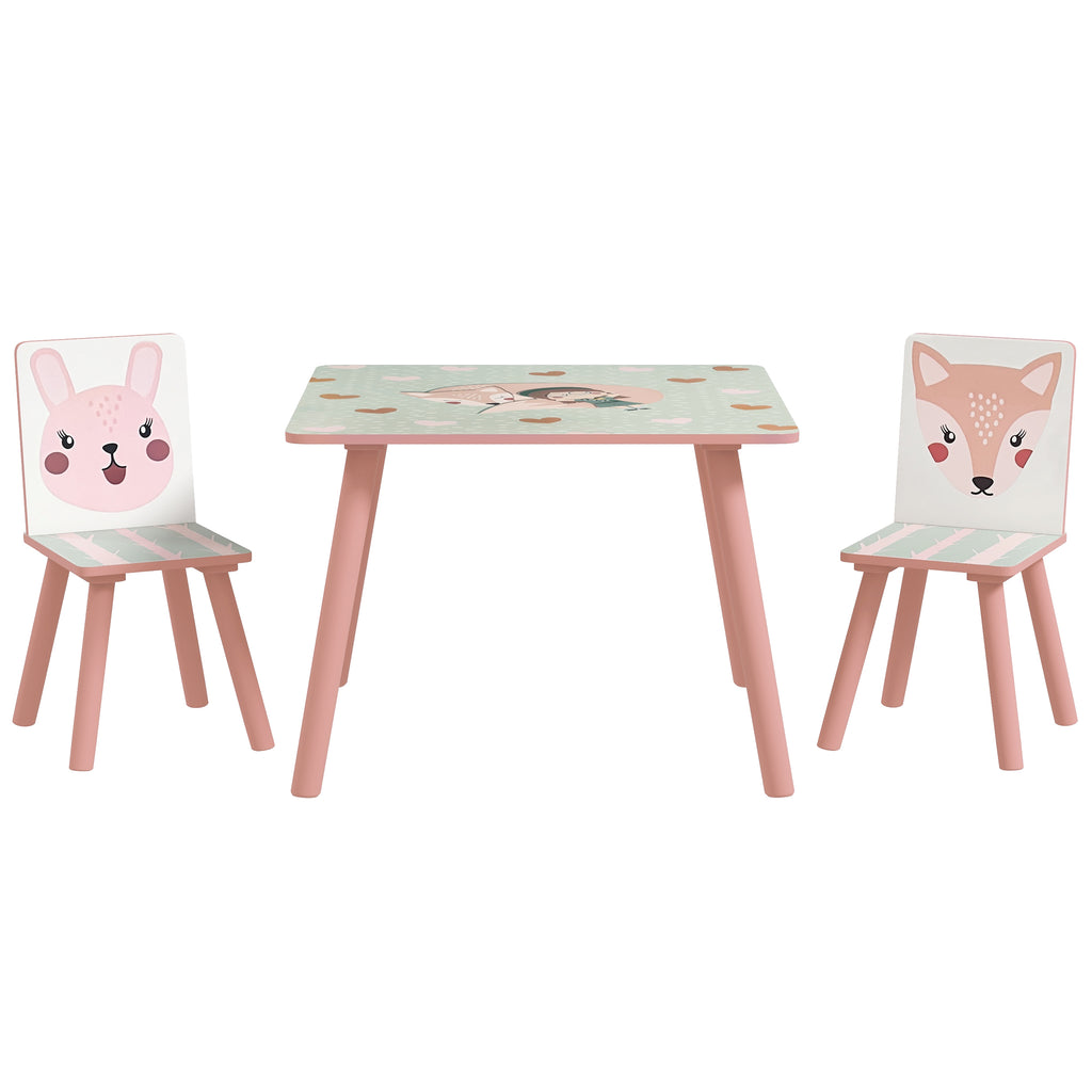Ensemble table et chaises pour enfants, table pour enfant avec 2 chaises, motif animaux pour chambre à coucher rose-0