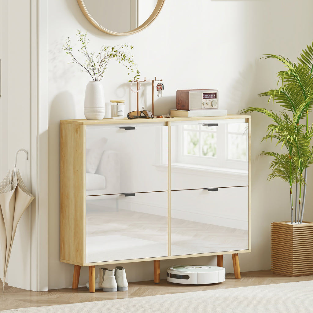 Meuble à chaussures, armoire à chaussures étroite, 4 tiroirs rabattables, porte haute brillante, 105x24x92,5cm, blanc-7