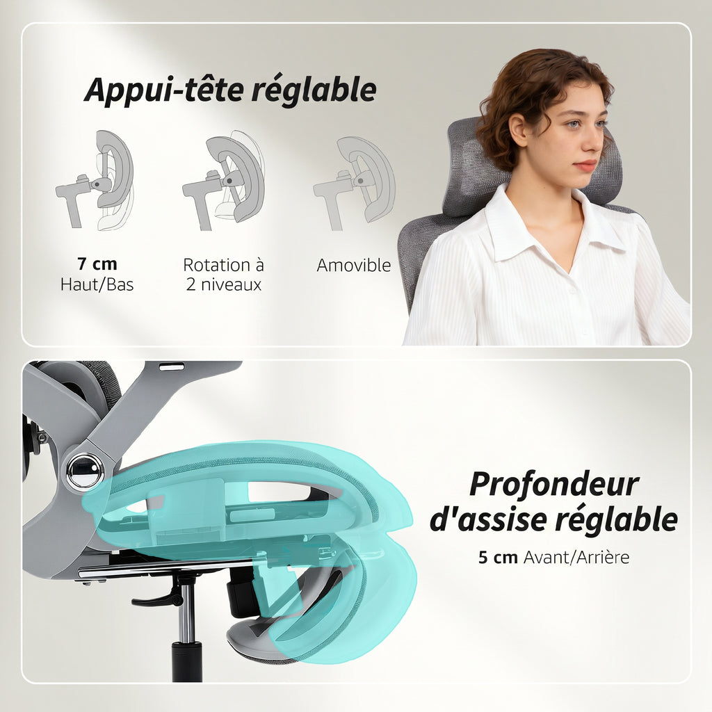 Chaise Bureau Ergonomique avec Accoudoirs 4D Appui-Tête et Profondeur d'Assise Réglables Maille Gris-5