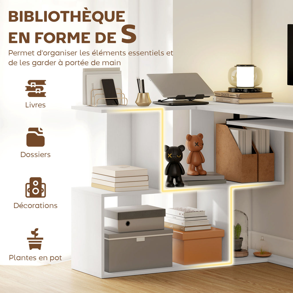 Bureau d'angle bureau en L avec étagères de rangement, plateau à clavier coulissant, 120x100x76cm, blanc-4