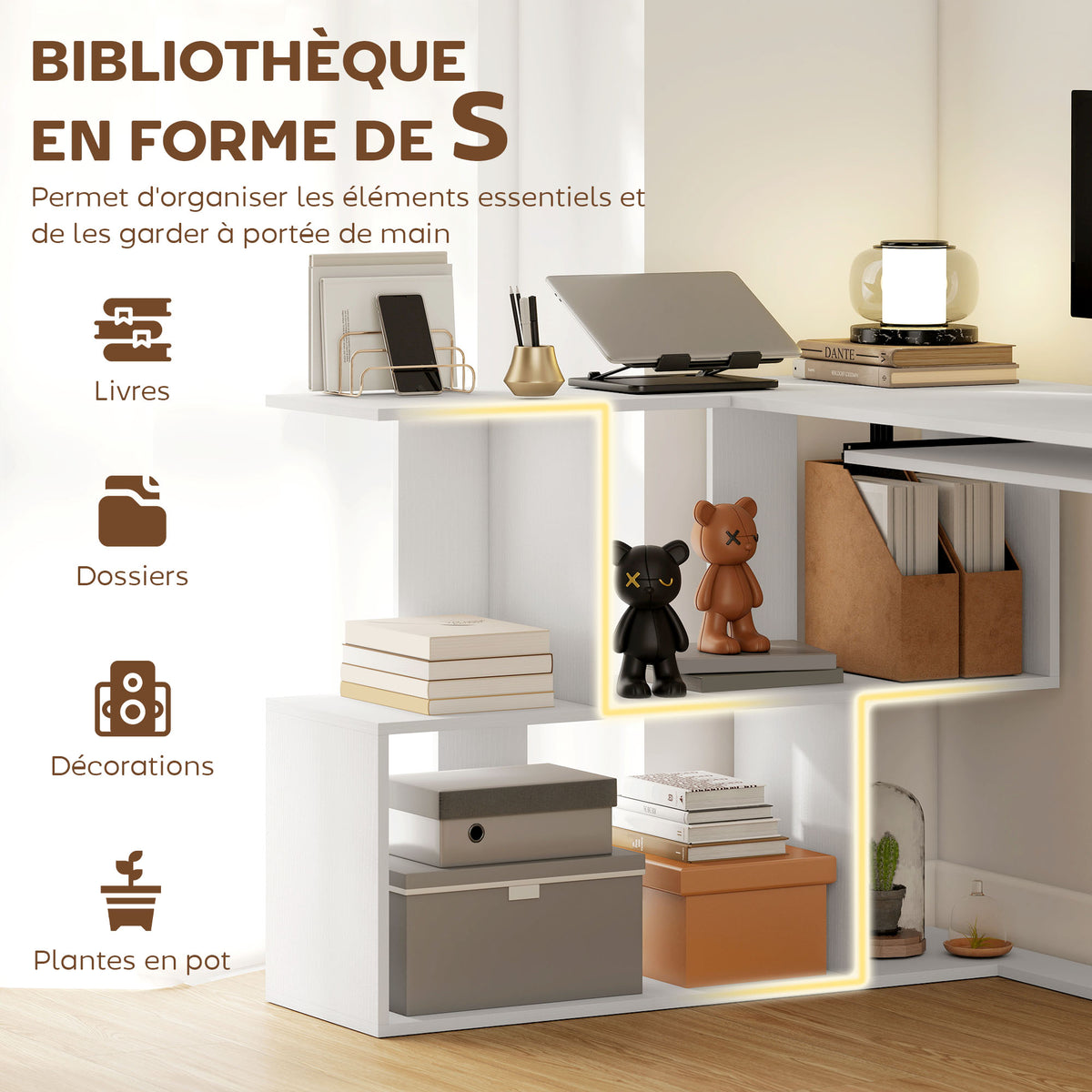 Bureau d'angle bureau en L avec étagères de rangement, plateau à clavier coulissant, 120x100x76cm, blanc-4