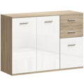 Buffet salon, meuble de rangement avec 2 tiroirs, 3 portes et étagère réglable, 106 x 35 x 76 cm, blanc et bois naturel-0