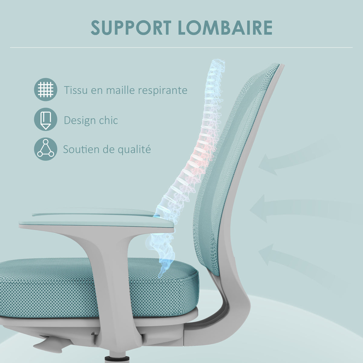 Fauteuil de bureau, chaise de bureau ergonomique en maille, hauteur réglable, 55x48x82,5-94,5cm, vert-5