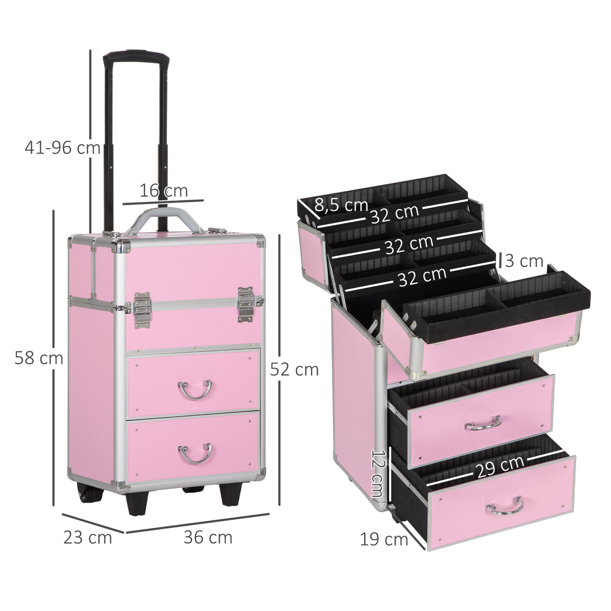 Valise trolley maquillage mallette cosmétique vanity poignée télescopique réglable 36L x 23l x 58H cm alu ABS rose-2
