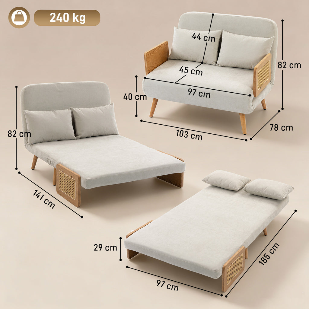 Canapé Convertible 2 Places, Canapé-Lit 3 en 1 Chenille 103cm, Dossier Réglable, 2 Oreillers, Accoudoirs en Bois, Crème-2