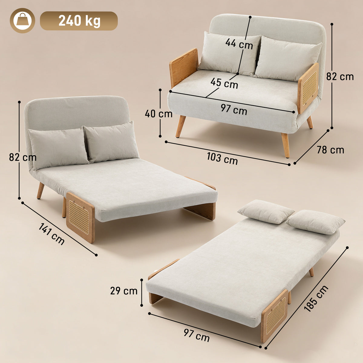 Canapé Convertible 2 Places, Canapé-Lit 3 en 1 Chenille 103cm, Dossier Réglable, 2 Oreillers, Accoudoirs en Bois, Crème-2