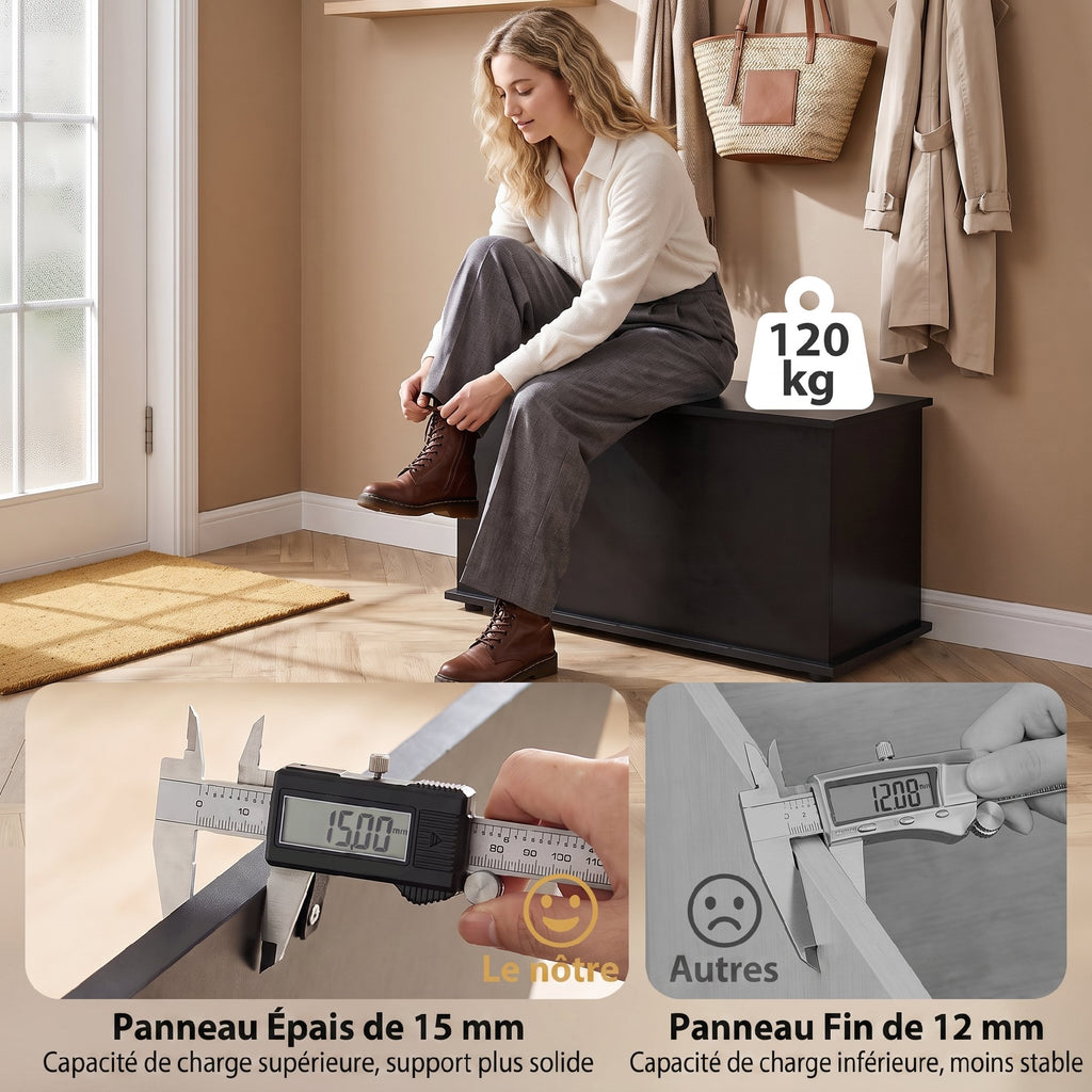 Coffre de Rangement, Banc de Rangement avec Couvercle Rabattable et Charnières de Sécurité, 80 x 40 x 45 cm, Noir-5