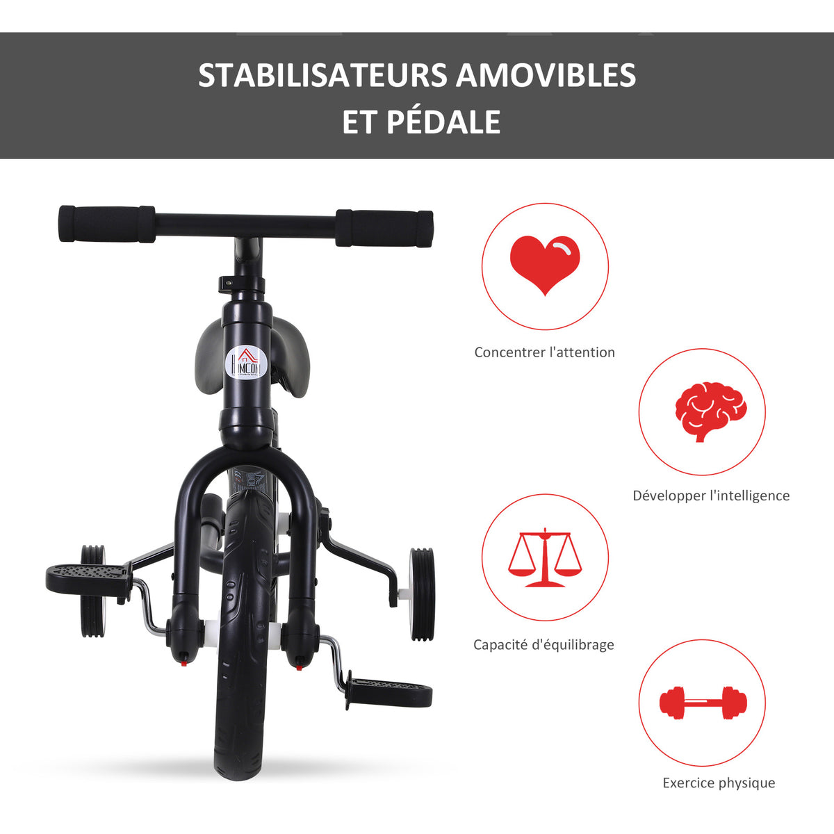 Bicicletta bambini 2 in 1 con pedali e rotelle rimovibili, 2–5 anni, nera