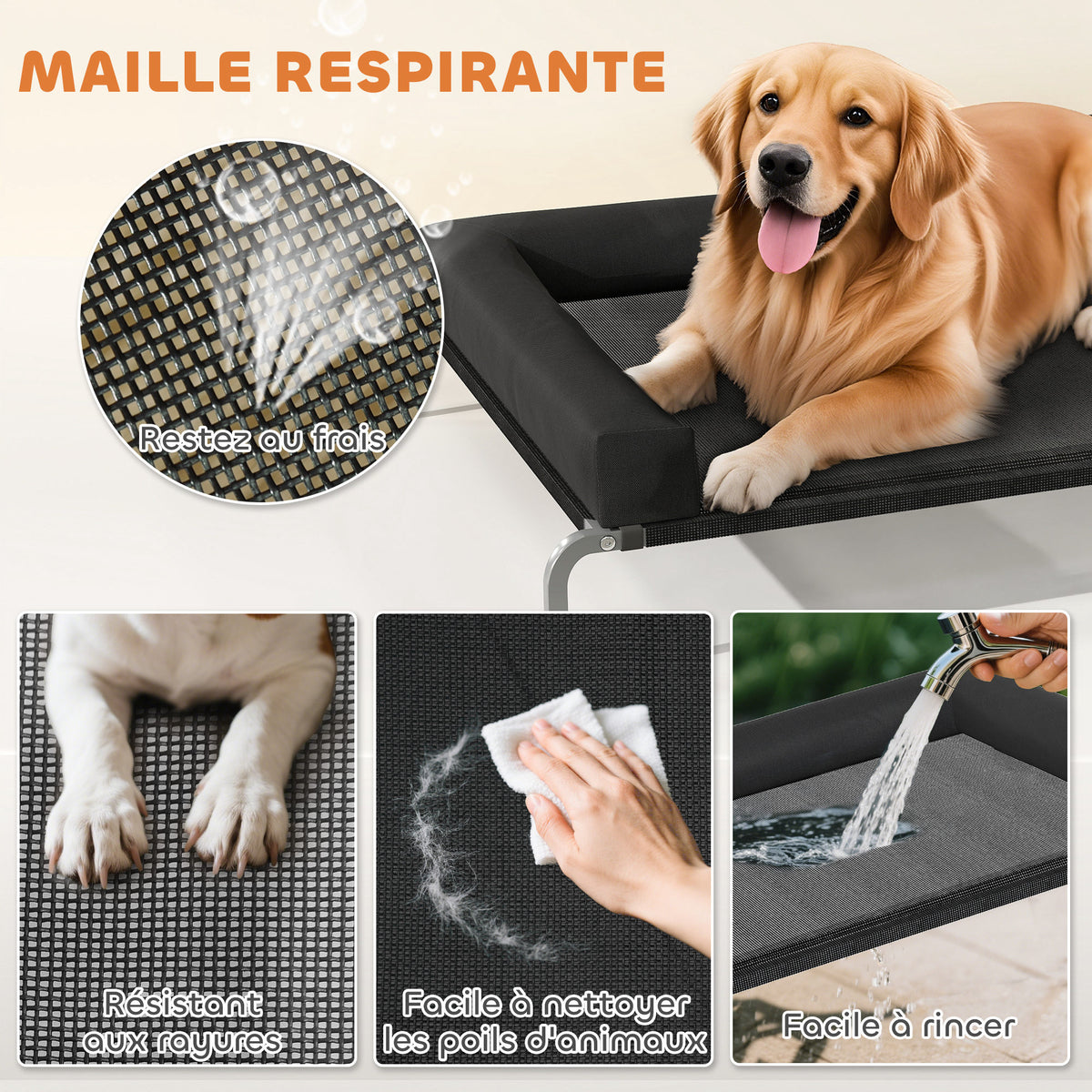 Lit surélevé pour chien rafraichissant, lit de camp pour chiens intérieur extérieur portable, 130 x 90 x 30 cm, noir-5
